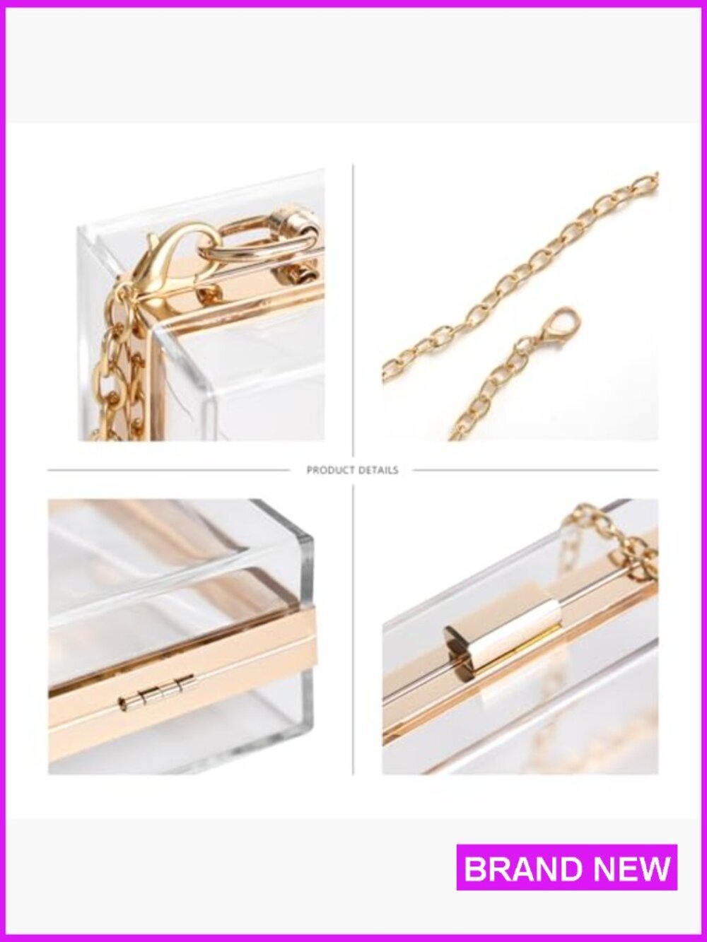 Clear Acrylic Crossbody Purse - Stadium Approved Box Clutch with Gold Chain - Picture 5 of 7
